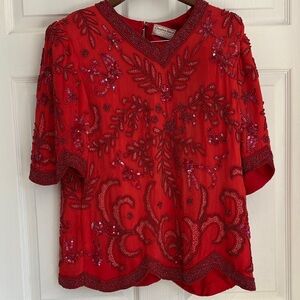 Vintage 80's Scarlet Red Sequin Beaded Eveningwear Top Blouse Large silk